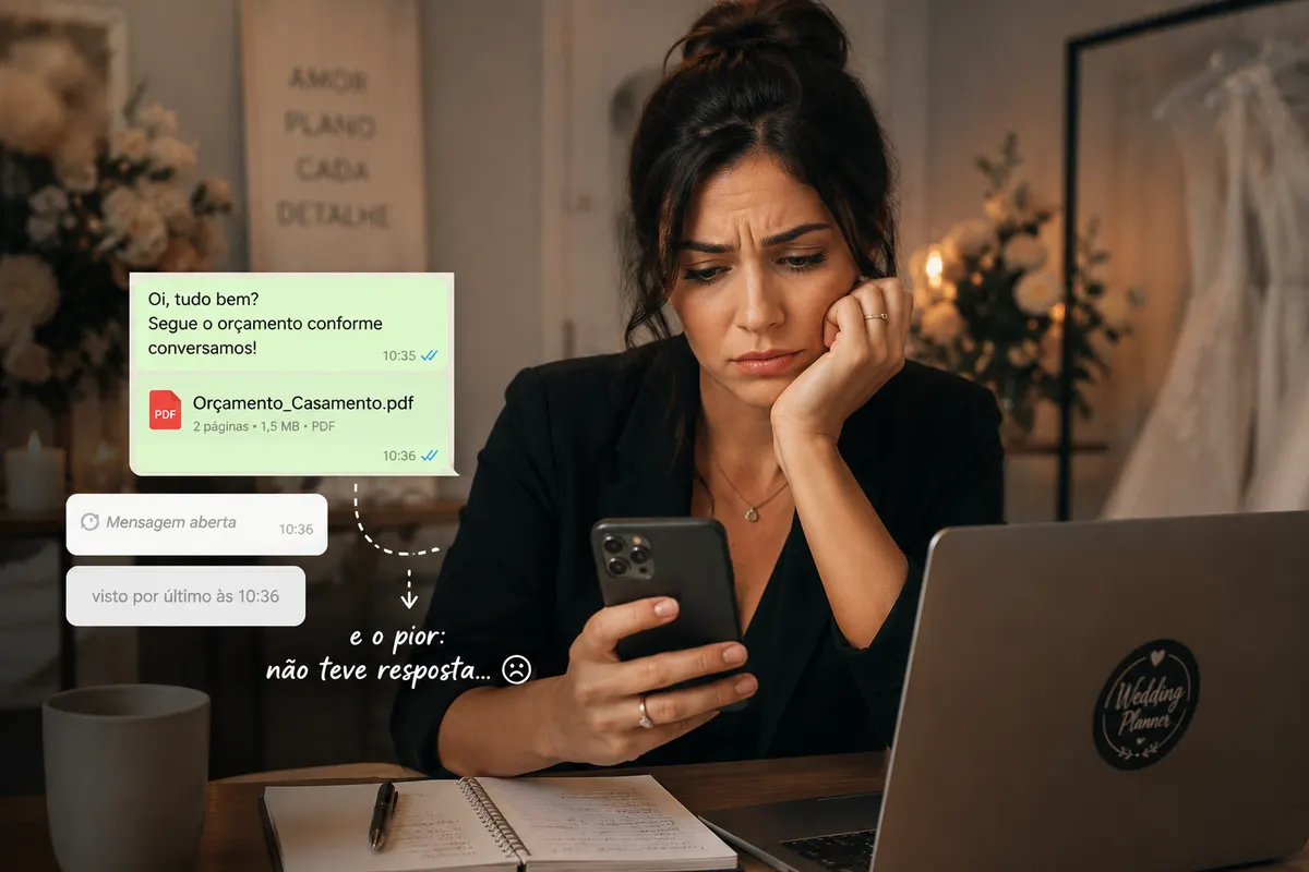 Profissional do mercado de casamentos olhando o WhatsApp após enviar um orçamento sem resposta